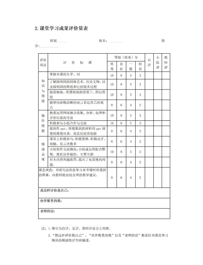 学生课后反思三问答对学习评估表