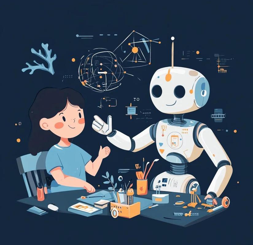 人工智能机器人辅导大学生学习场景插画