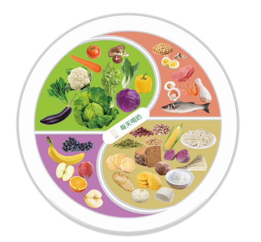 各种颜色蔬菜摆成的膳食平衡圆盘图