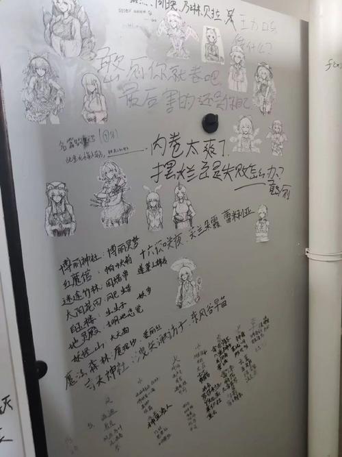 一个白板上贴满潦草的便签纸,上面画着奇怪符号和涂鸦,不同颜色,会议场景