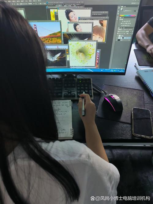 剪辑初学者坐在电脑前对比样片与自己的作品