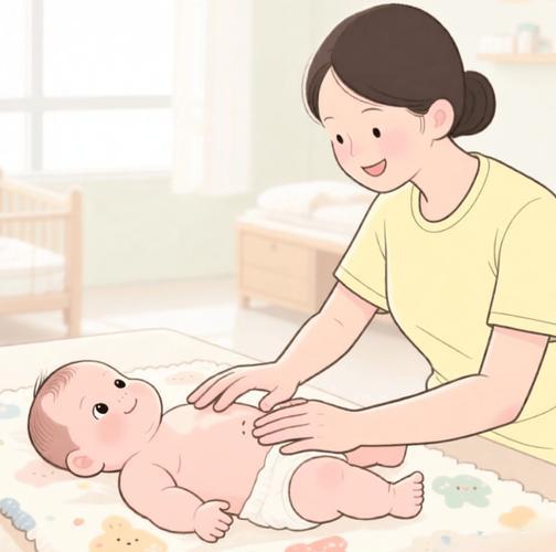新手妈妈给新生儿做睡前抚触场景图