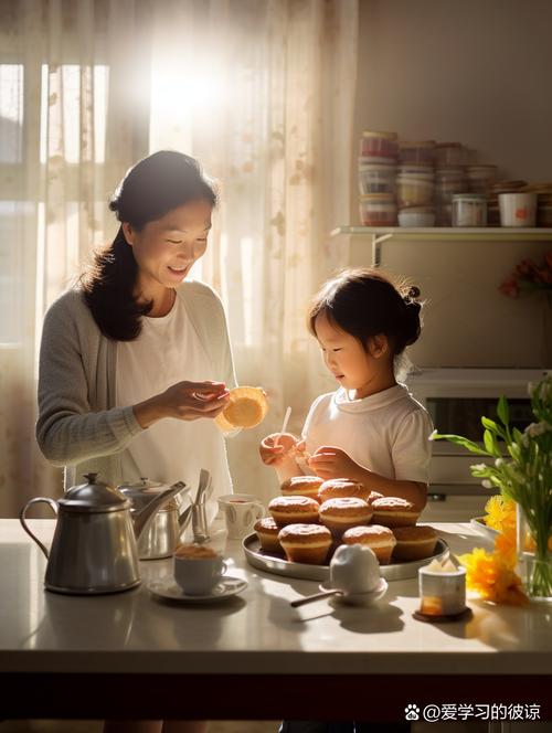孩子端着热茶递给妈妈的温馨家庭场景