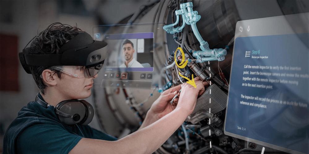 工人佩戴微软HoloLens AR眼镜进行飞机发动机管路装配