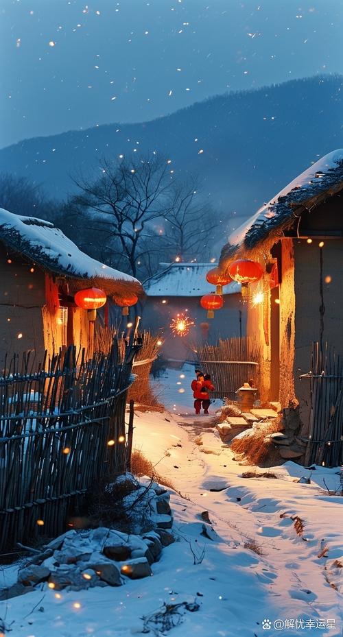 雪中的土坯房和红灯笼