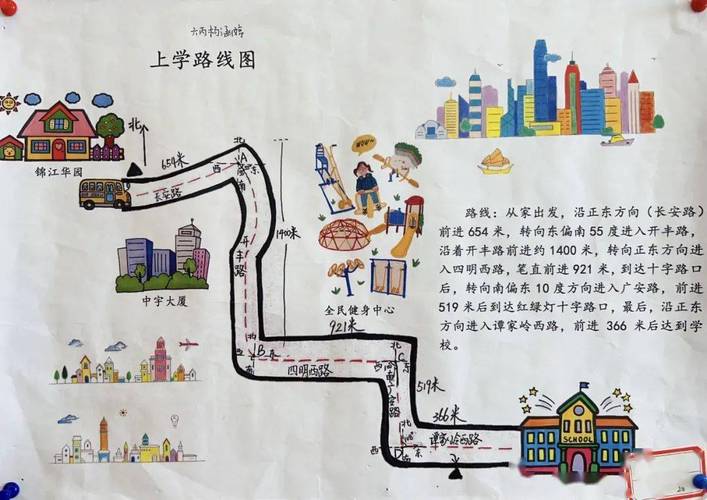 城市家庭接送孩子课外班通勤路线图
