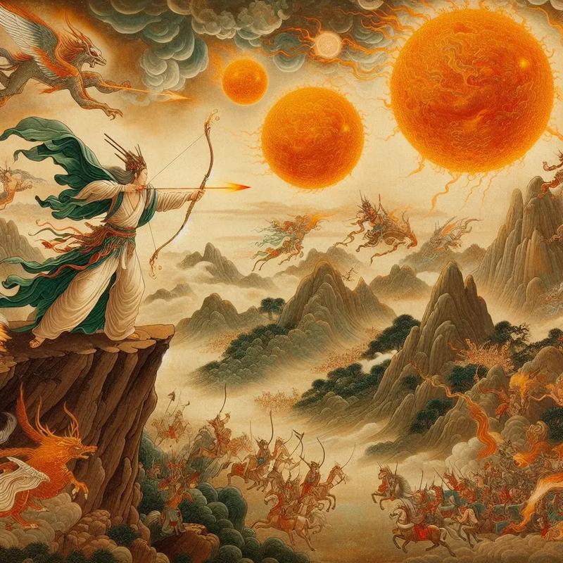 后羿射日中国传统水墨风格插画