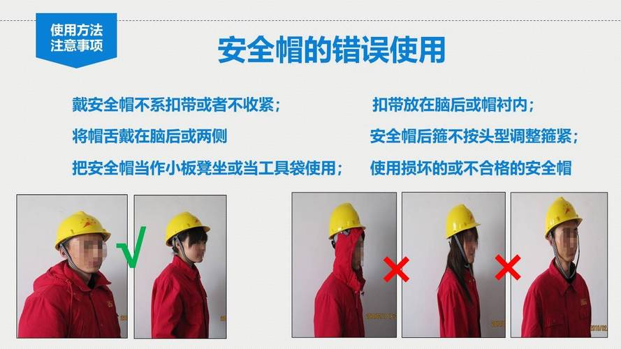 工地工人正确佩戴安全帽帽带系紧演示