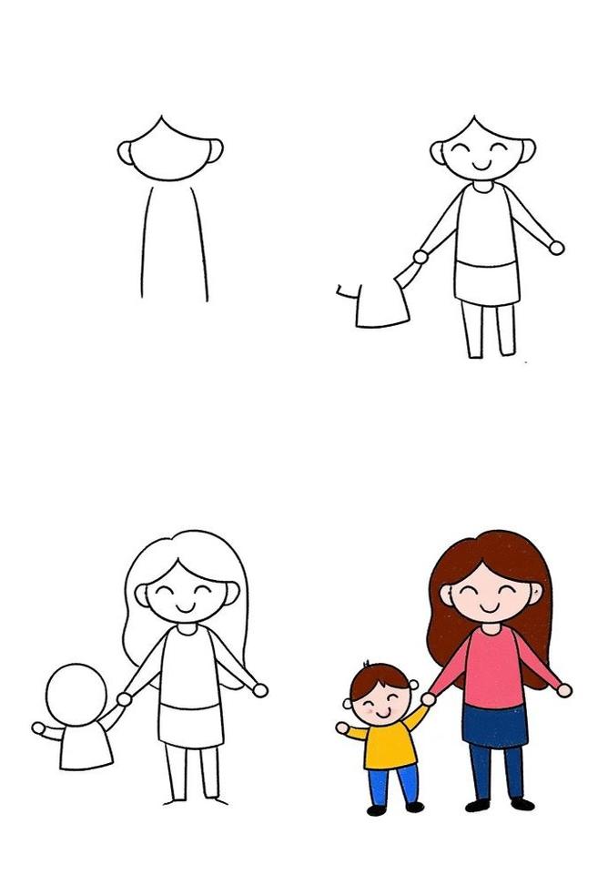 孩子画的母子牵手简笔画 温馨场景