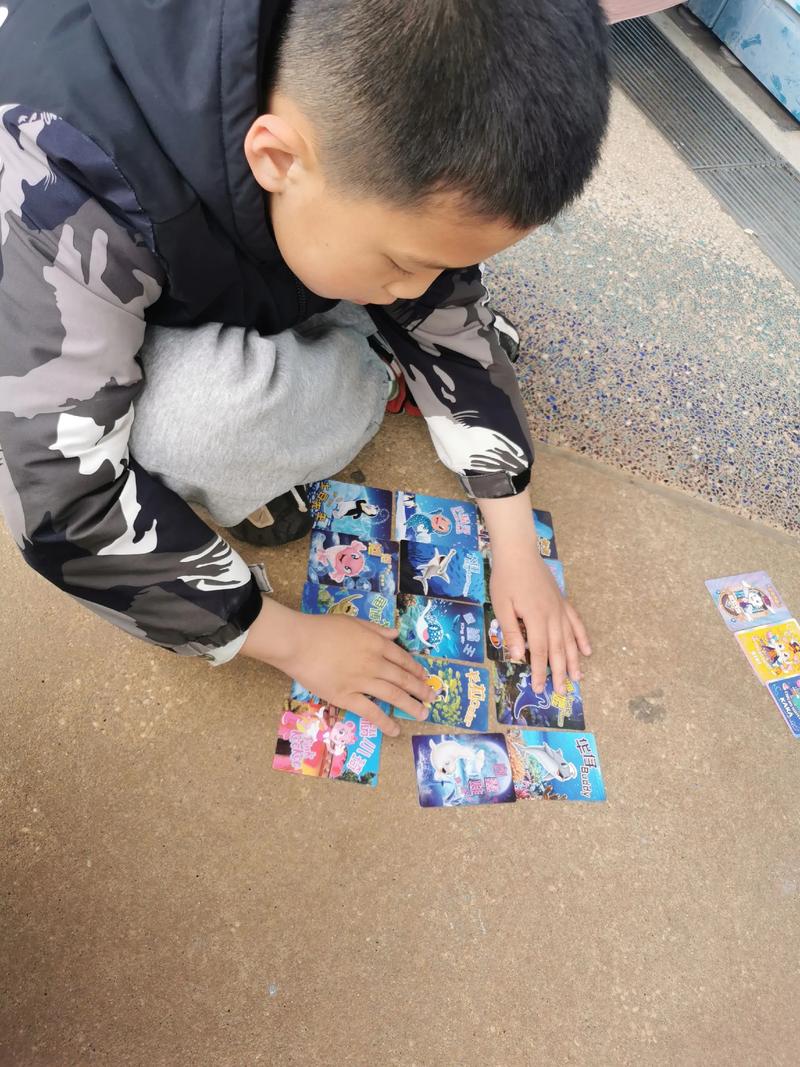 小学一年级孩子蹲在地毯上整理奥特曼卡片