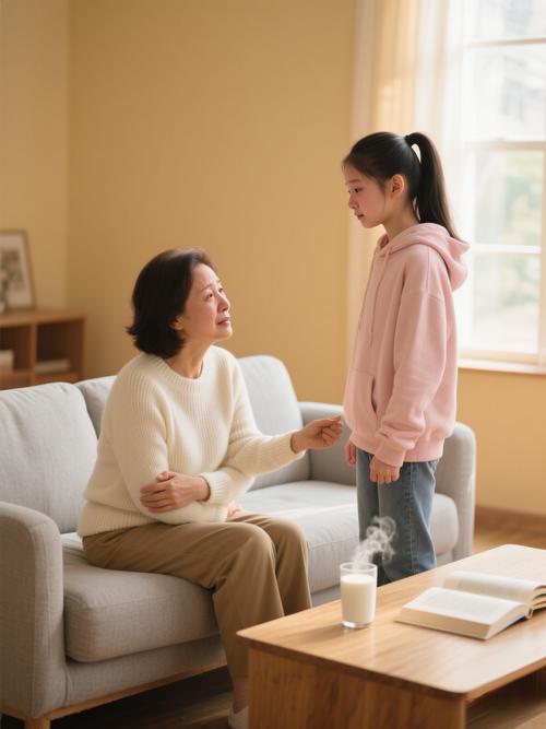 妈妈蹲下来听青春期孩子说话的客厅场景