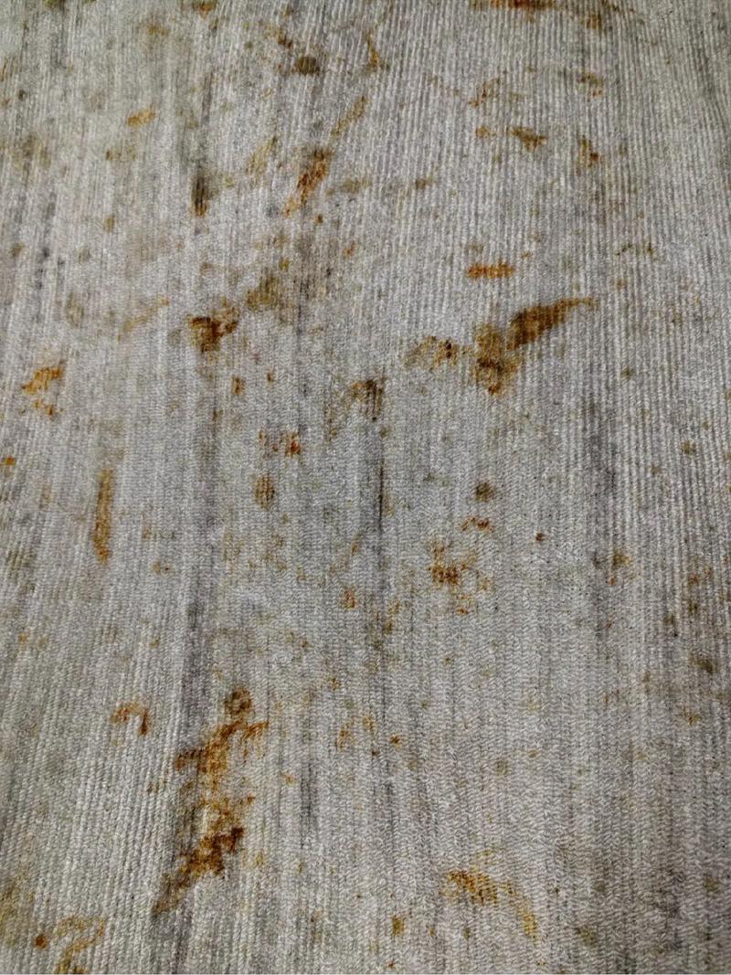 地毯底部对比：黄麻底背霉斑与无纺布底背碎裂状况