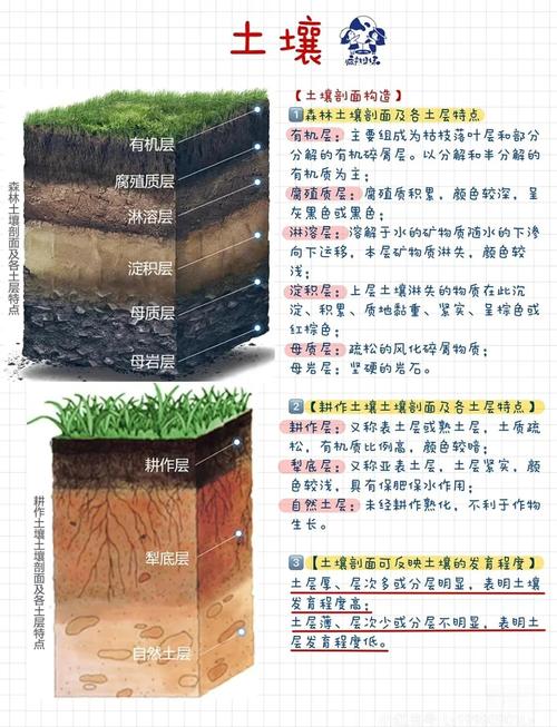 土壤剖面层次结构图,展示腐殖质层、淋溶层和淀积层