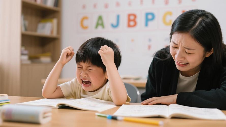 妈妈辅导孩子学习音标时孩子一脸沮丧的照片