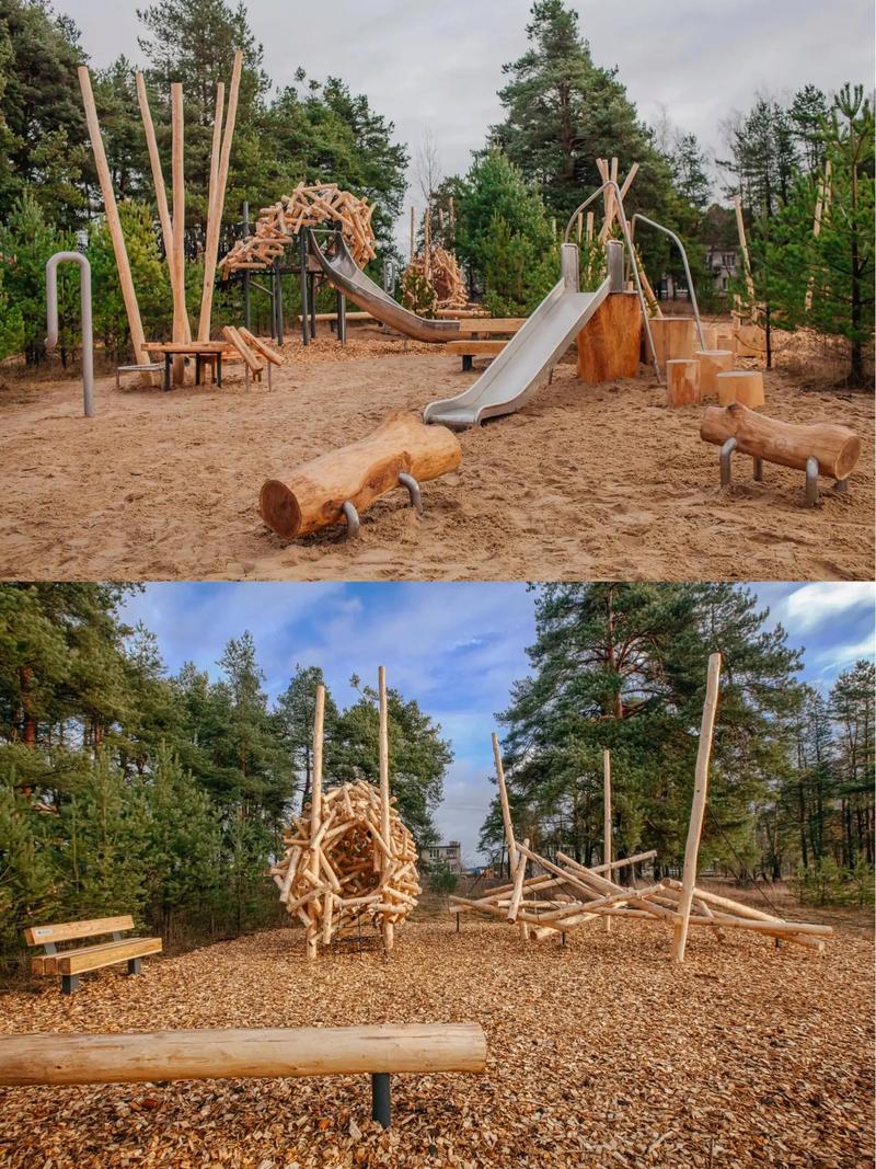 森林幼儿园自然风格原木游乐设施全景
