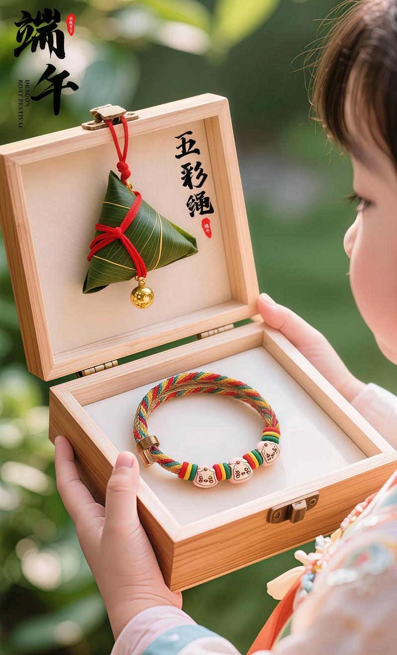 端午挂在木门把手的儿童手工五彩绳