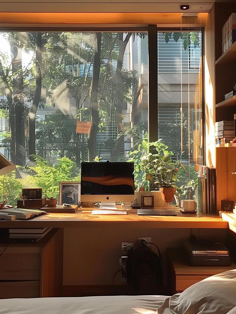 居家办公靠窗站立远眺休闲场景
