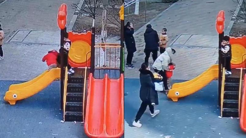 小区游乐场孩子摔倒家长争执场景