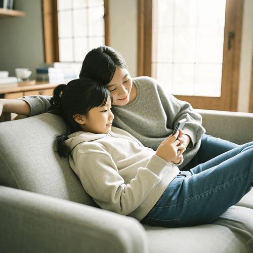妈妈坐在沙发上认真听青春期儿子吐槽的居家场景