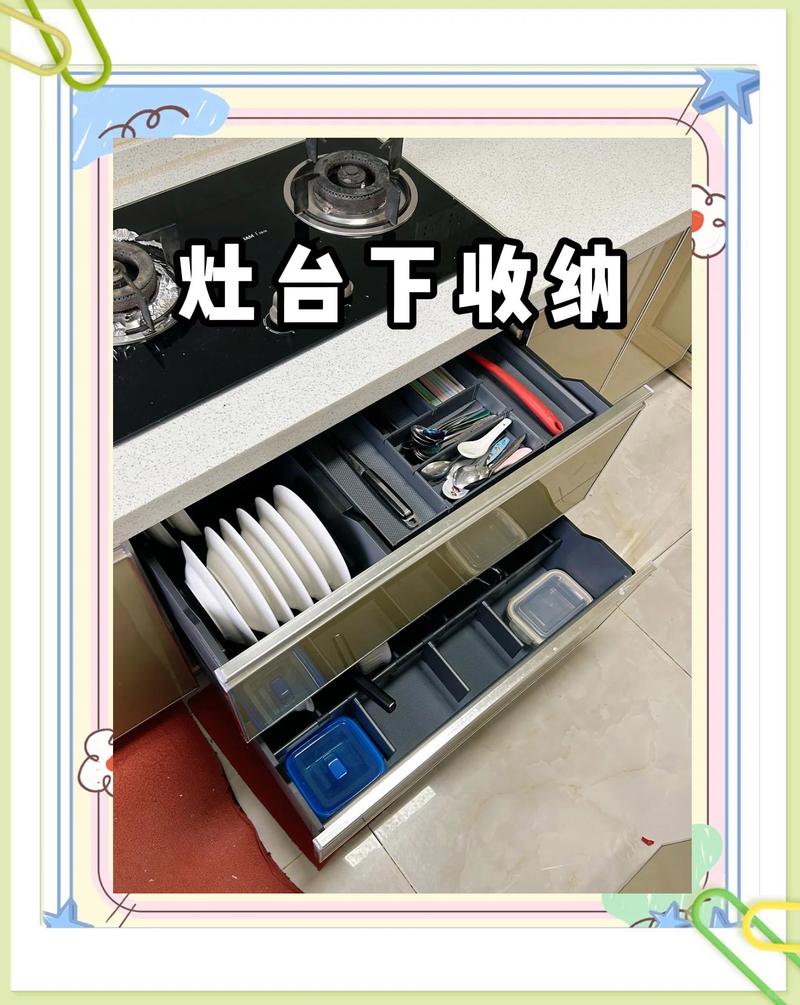 厨房操作台下方抽屉分类收纳应急健康物品实拍图