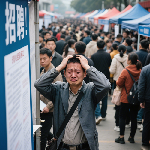 毕业生在招聘会拥挤的人群中迷茫