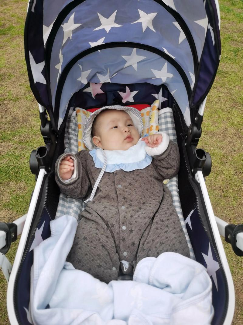 婴儿在婴儿车里阳光下入睡
