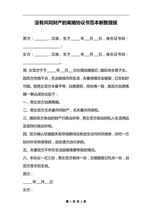 离婚协议中“双方无共同财产”条款截图