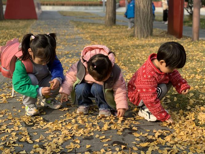 妈妈和孩子一起观察秋天树叶变化