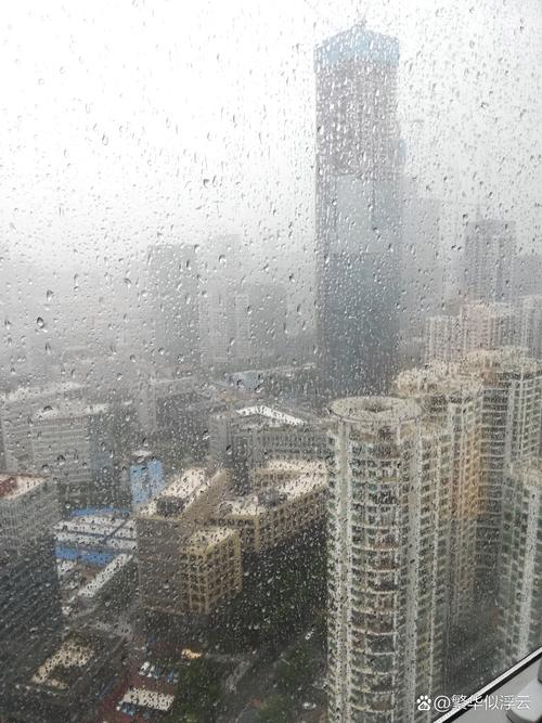 南方梅雨季老小区居民楼外雾蒙蒙的雨景
