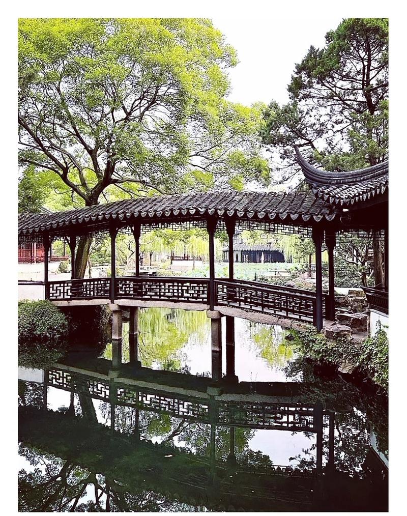 拙政园小飞虹廊桥与荷花池倒影
