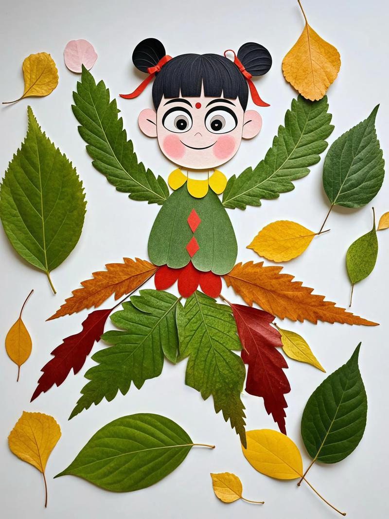 幼儿园教室展示墙上歪歪扭扭的树叶拼贴画作品