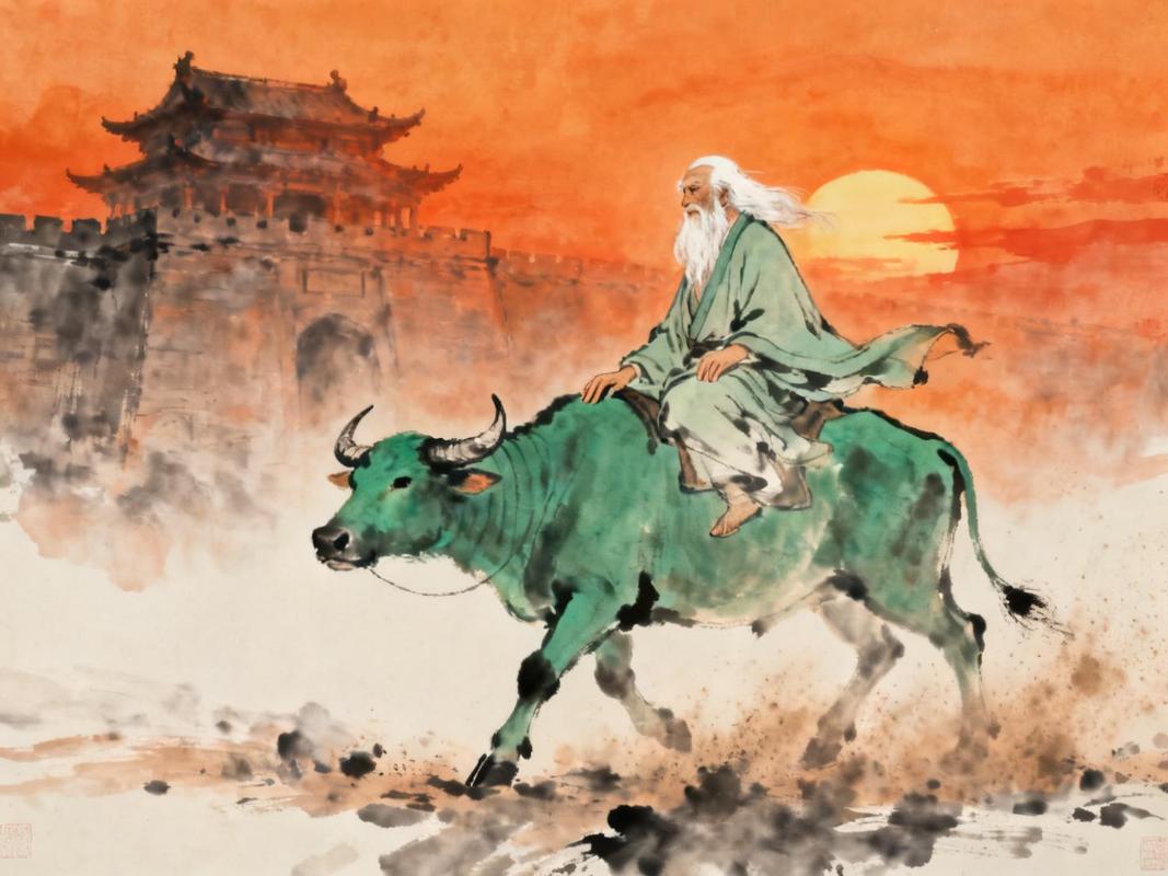 老子骑青牛出函谷关 水墨画风 儿童绘本插图