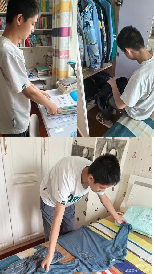 十岁男孩在工业区职工宿舍整理书包场景