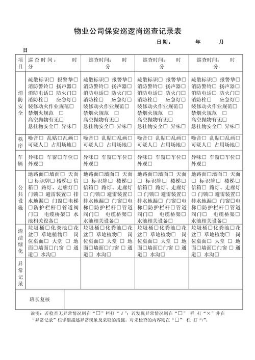 写字楼物业安全巡查签到记录表