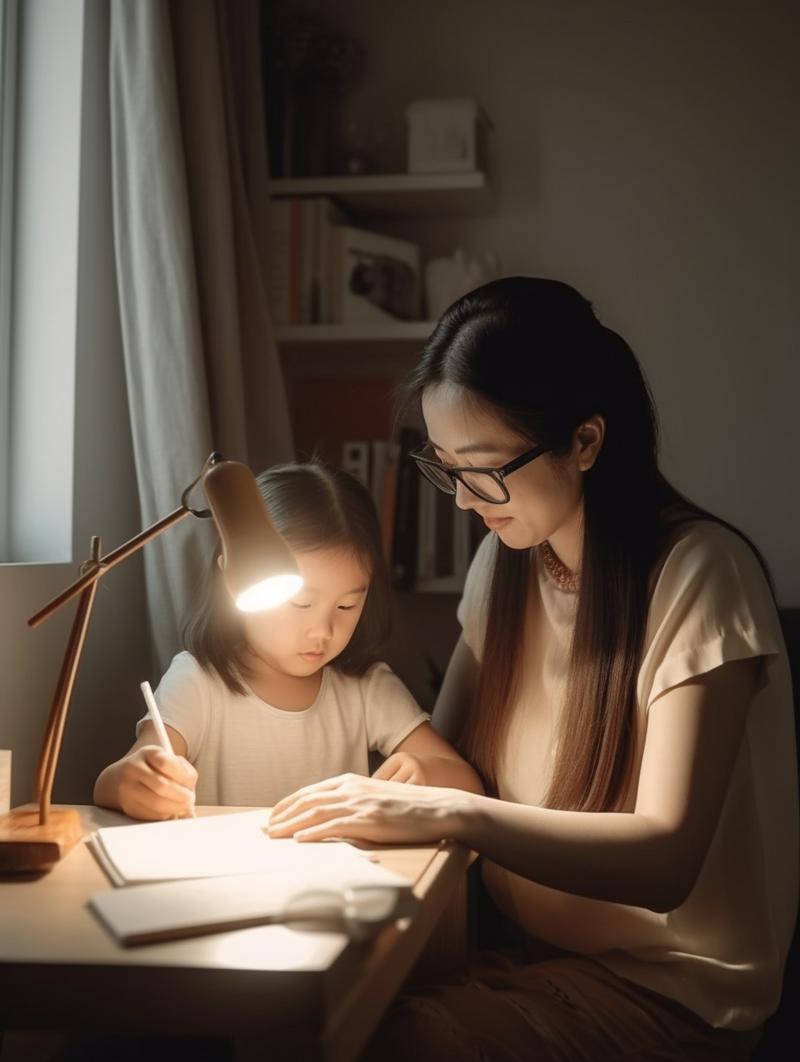 妈妈陪孩子书桌前聊天思考画面