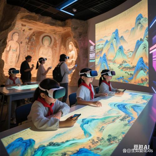 学生戴着VR眼镜在历史课堂上虚拟游览遗址