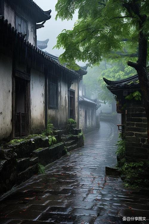 南方老城街巷梅雨季阴雨天雨景