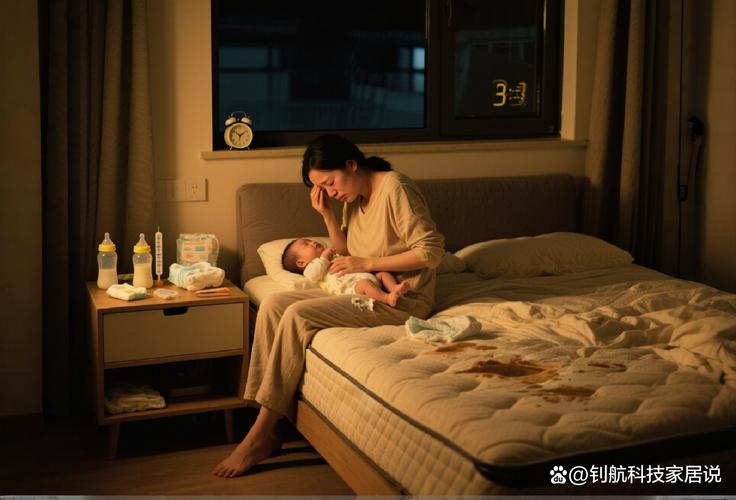 新手父母凌晨坐在卧室床边哄娃实拍