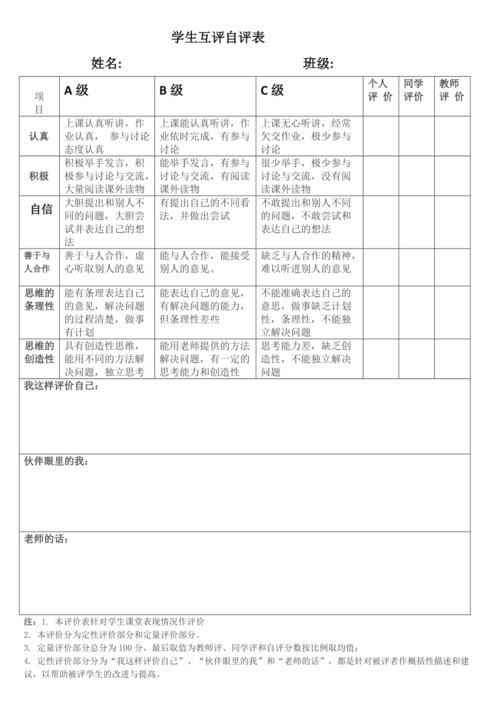 学生同伴互助评价表自评与互评