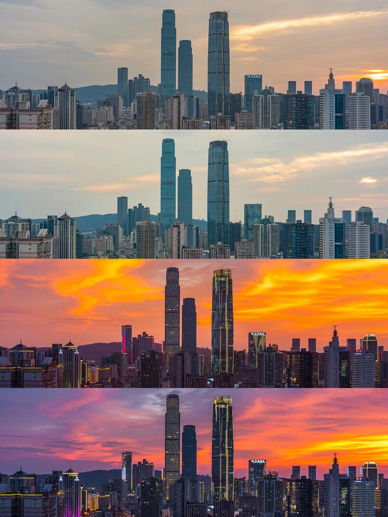 手机拍摄晚霞技巧示意图，中国城市天际线