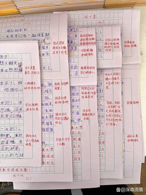 小学作文本红笔批改猫爪印特写