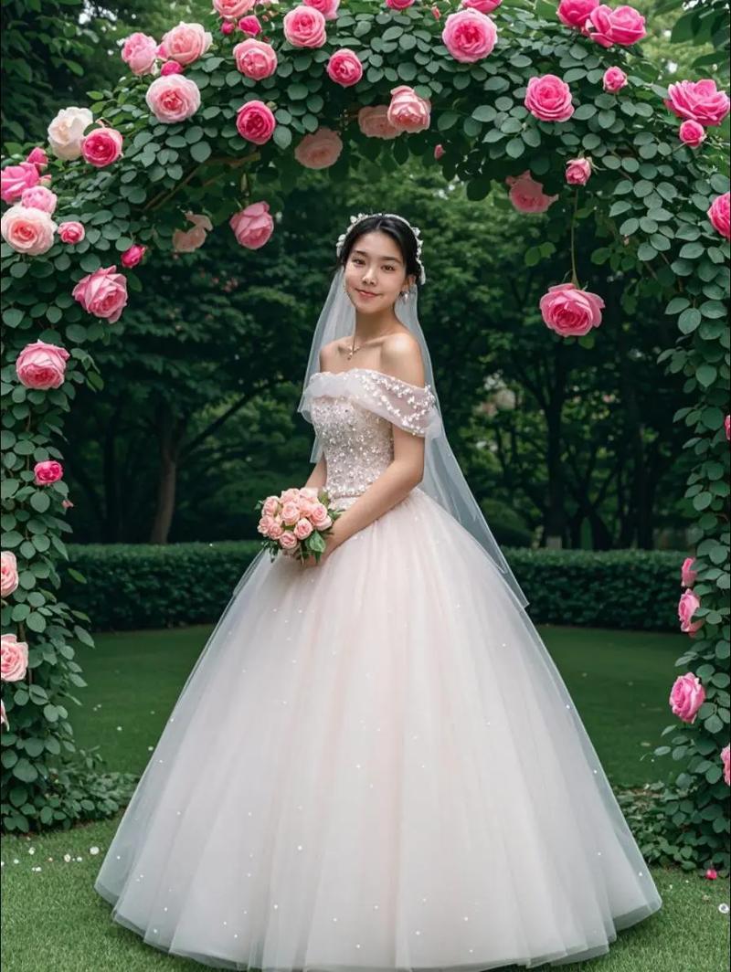 新娘穿着小拖尾婚纱在户外花园婚礼微笑