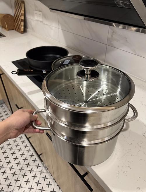 厨房台面上煮速冻饺子的不锈钢汤锅