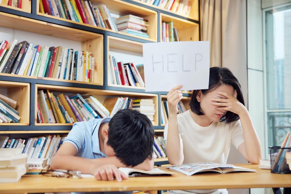 父母与孩子背对背在书房学习