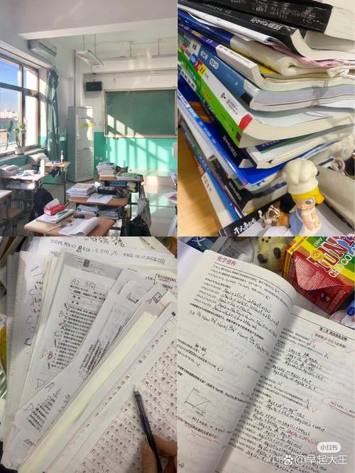 高中生杂乱课桌堆积的笔记和试卷
