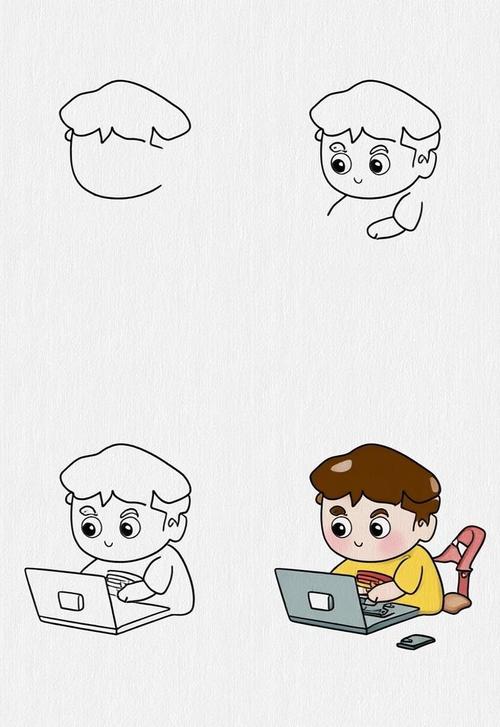 数字游民使用笔记本电脑在家办公场景手绘设计