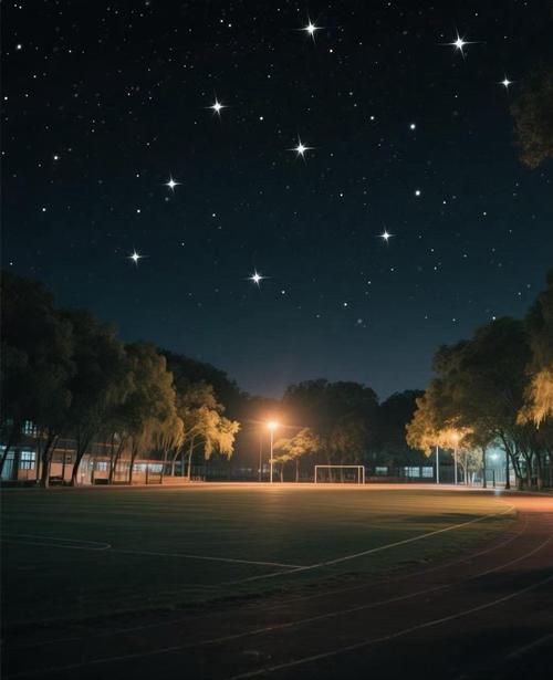 山区教师夜晚在操场仰望星空与学生宿舍灯光辉映的意境画面