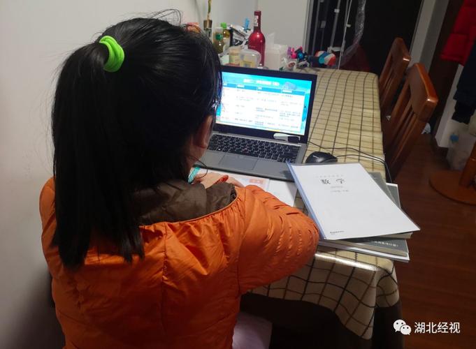 一名小学生坐在干净书桌前用电脑上网课，周围无任何玩具杂物