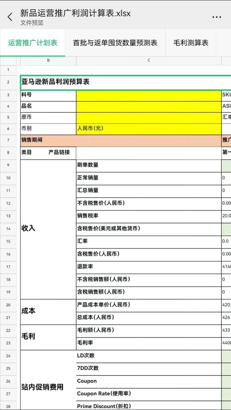 电商选品利润核算表格示例