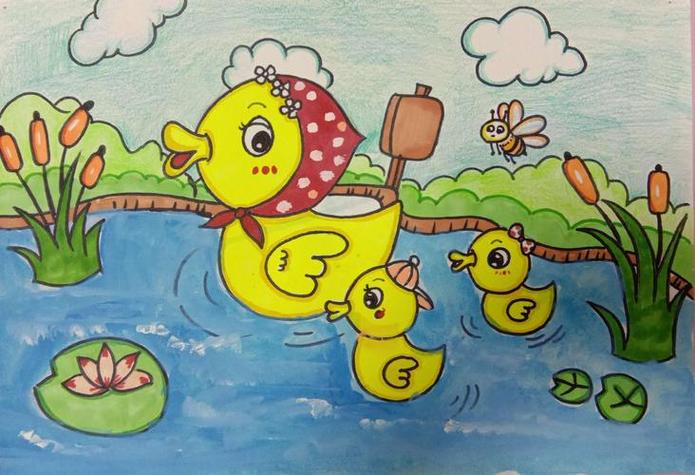 儿童画鸭子倒影数学题手绘图